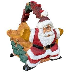 Vtg hand painted log cabin wood-looking Christmas Santa pine trees,holly handle